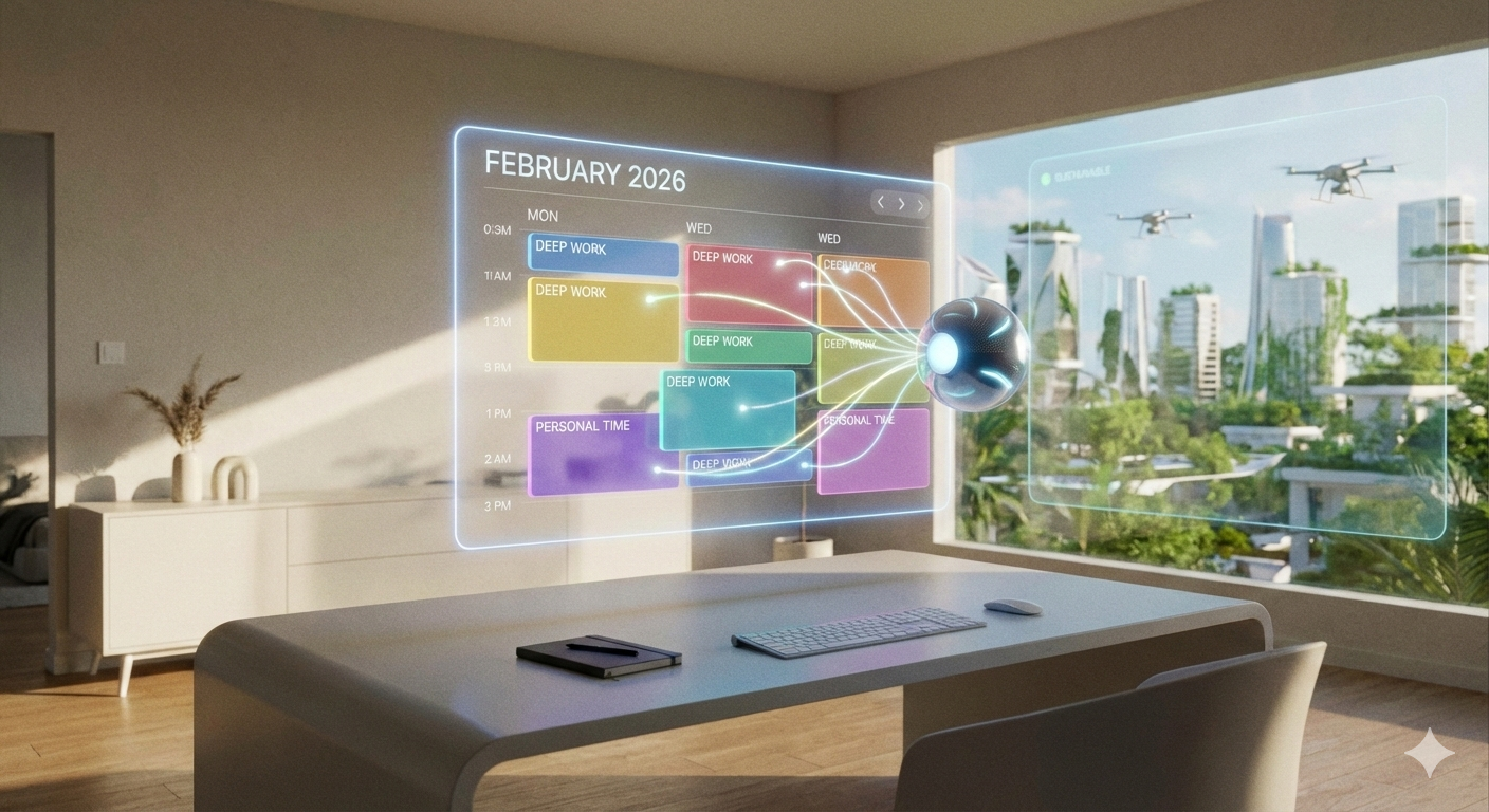 Interfaz de calendario digital futurista gestionado por Inteligencia Artificial en 2026
