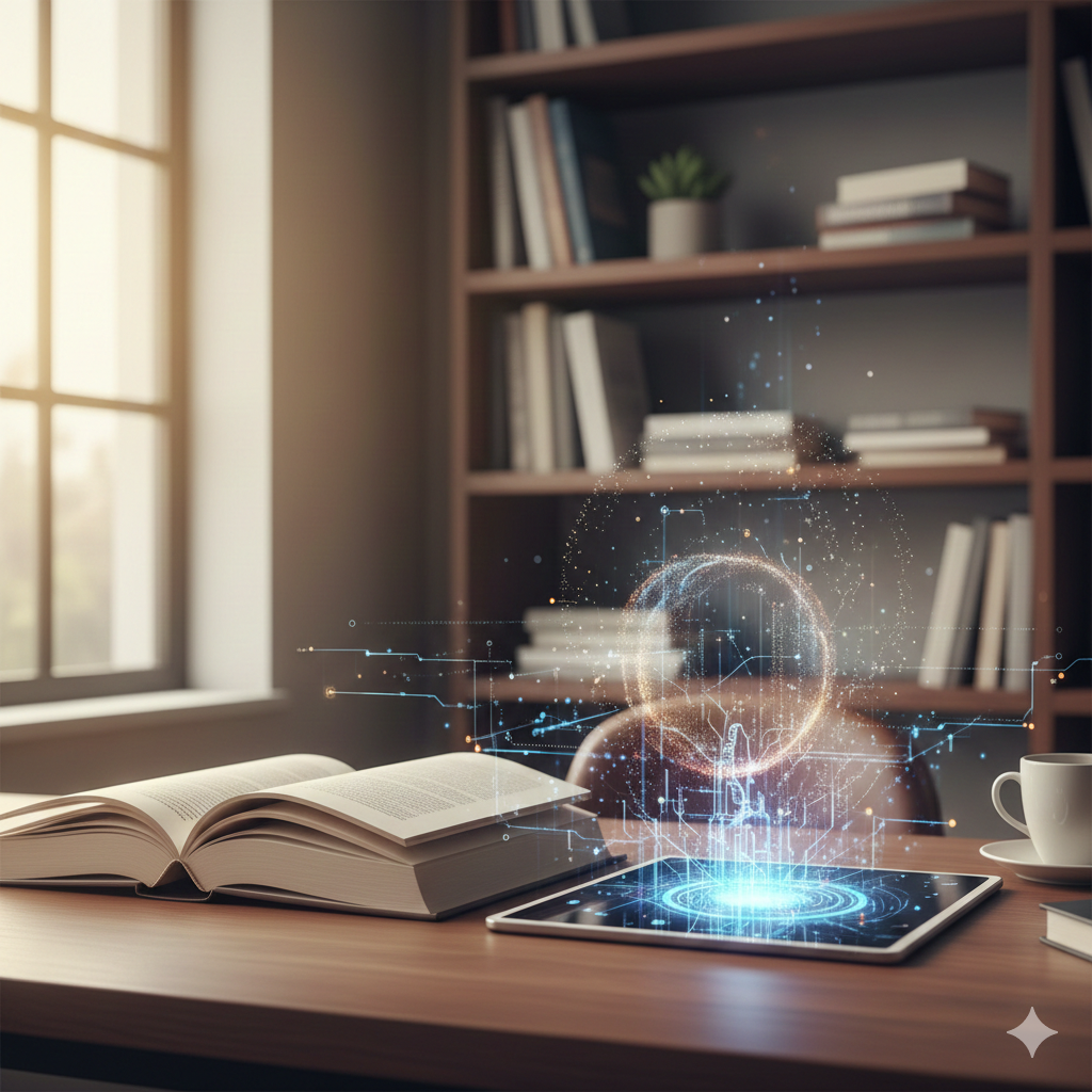 Interfaz de IA agéntica en smartphone junto a libro abierto en un escritorio moderno